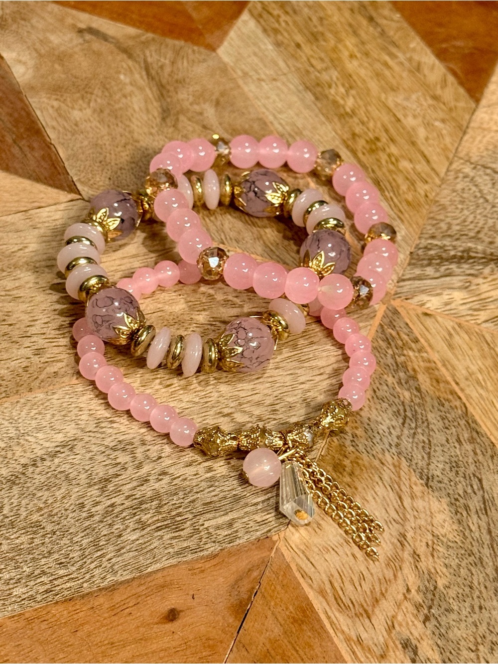 Pink Beaded Gold Accent Stretch Bracelet Set